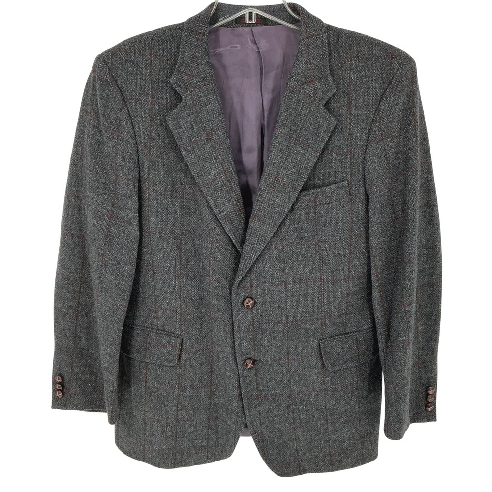 Mens 100%Wool Blend‎ Blazer Jacket Gray Burgundy Plaid Lined Business Casual 40